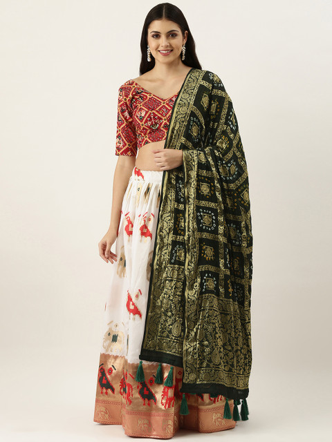 

LOOKNBOOK ART White & Red Printed Semi-Stitched Lehenga & Unstitched Blouse With Dupatta