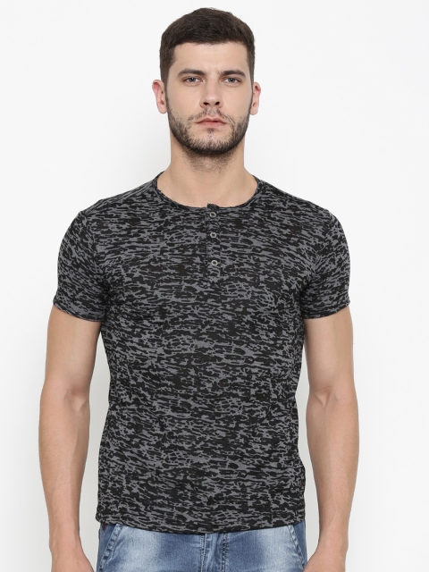 

Status Quo Men Black Printed Henley Neck T-shirt