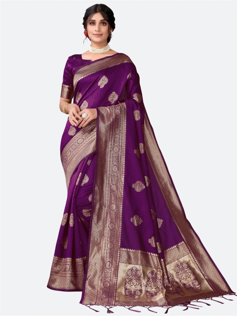 

Satrani Purple & Gold-Toned Ethnic Motifs Zari Banarasi Saree