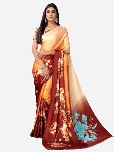 

Satrani Orange & Blue Floral Satin Saree