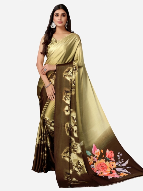 

Satrani Brown & Green Floral Satin Taant Saree
