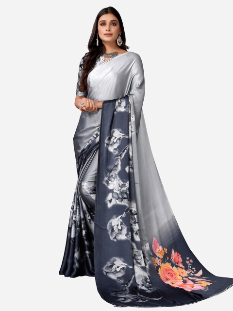 

Satrani Grey & White Floral Satin Taant Saree