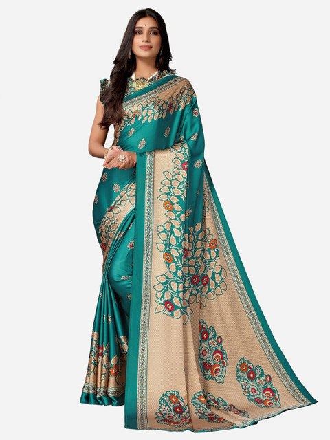

Satrani Turquoise Blue & Beige Floral Satin Saree