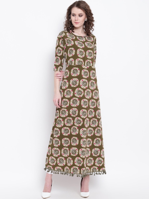 

Napra Women Olive Green & Multicoloured Ethnic Motifs Printed Crepe Anarkali Kurta