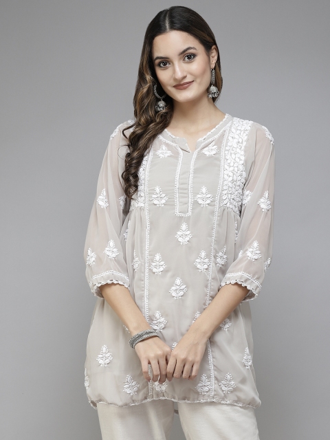 

ADA Grey & White Ethnic Motifs Embroidered Chikankari Kurti With Slip