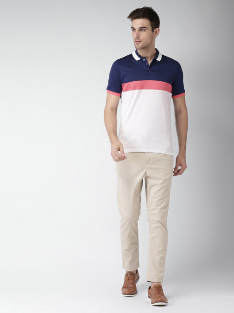 

INVICTUS Men White & Navy Blue Colourblocked Polo Collar T-shirt