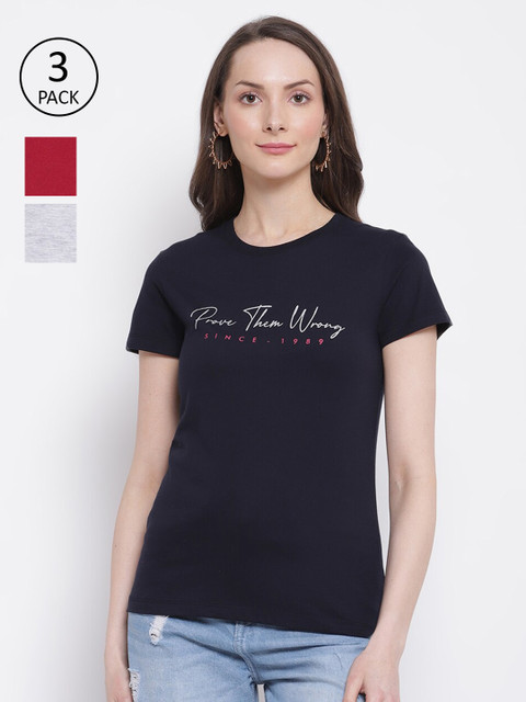 

Cantabil Women Pack of 3 Navy Typography Printed T-shirts, Navy blue