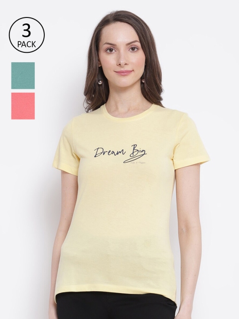 

Cantabil Women Pack of 3 Coral & Yellow Printed Cotton T-shirt