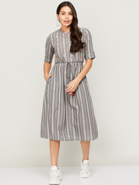 

Colour Me by Melange Women Grey Mandarin Collar Striped Cotton Tunic