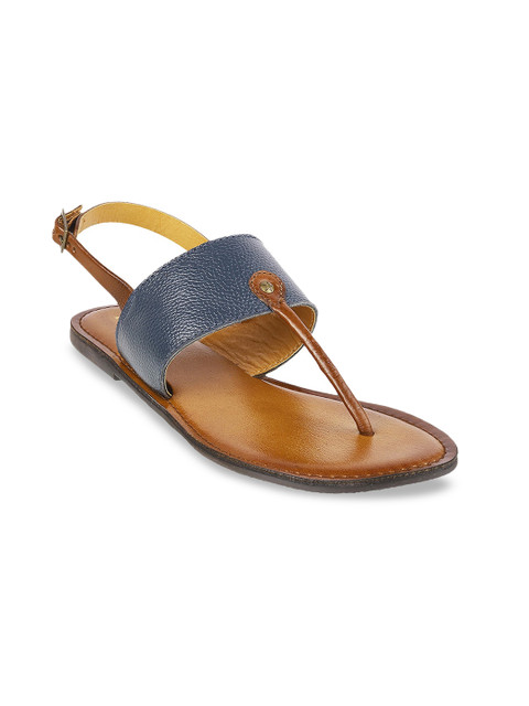 

Mochi Women Blue Textured T-Strap Leather Flats