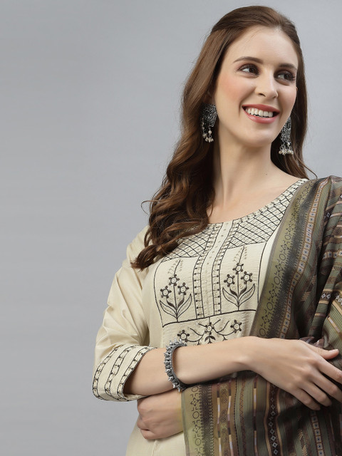

KALINI Women Cream-Coloured Floral Embroidered Sequinned Kurta with Trousers & With Dupatta