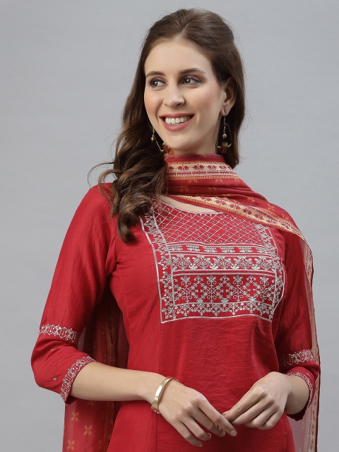 

KALINI Women Red Ethnic Motifs Embroidered Sequinned Kurta with Trousers & Dupatta