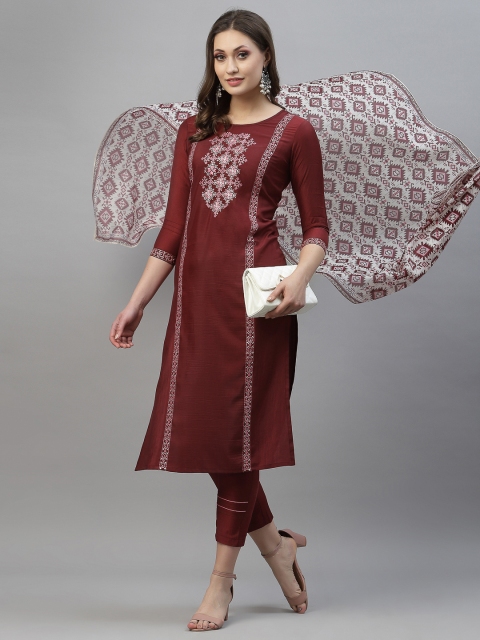 

KALINI Women Maroon Ethnic Motifs Embroidered Kurta with Trousers