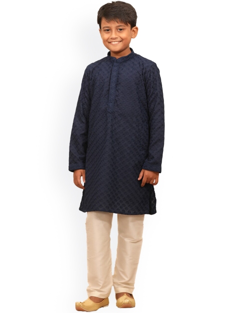 

Manyavar Boys Navy Blue Embroidered Chikankari Kurta with Pyjamas