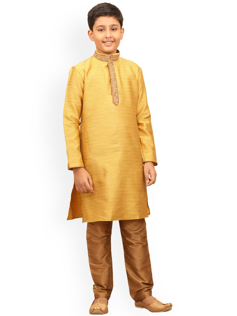 

Manyavar Boys Mustard Yellow Woven Design Jacquard Kurta with Pyjamas