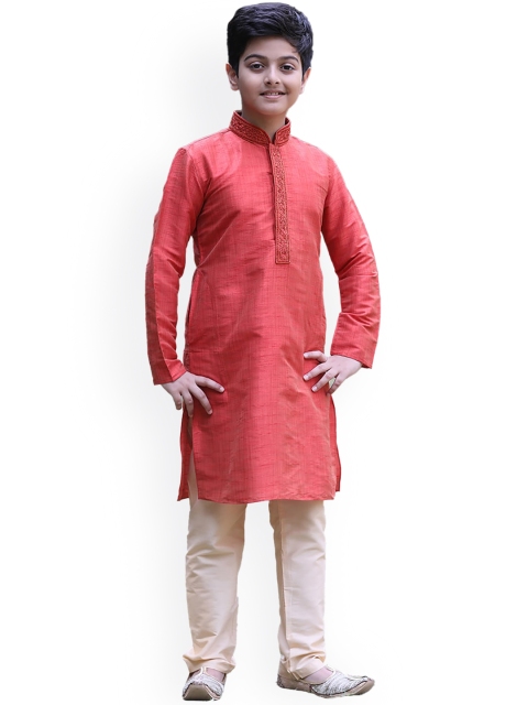 

Manyavar Boys Red Pleated Kurta with Churidar