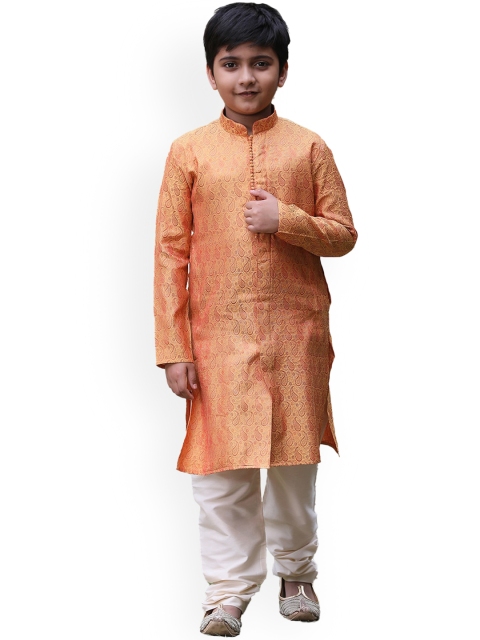 

Manyavar Boys Orange Paisley Self Design Kurta with Churidar