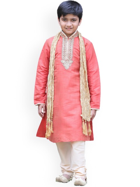 

Manyavar Boys Red Embroidered Kurta with Pyjamas & With Dupatta