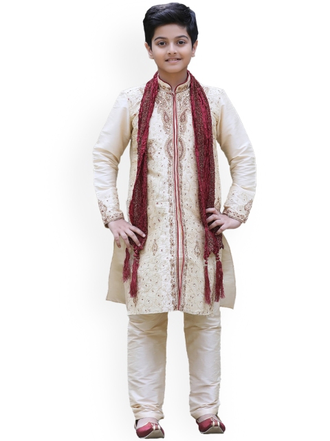 

Manyavar Boys Cream-Coloured Zari And Stone Work Embroidered Kurta with Churidar & Dupatta