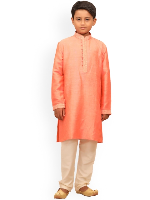 

Manyavar Boys Coral Orange Linen Kurta with Churidar