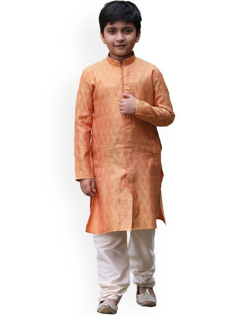 

Manyavar Boys Orange Paisley Woven Design Kurta With Churidar
