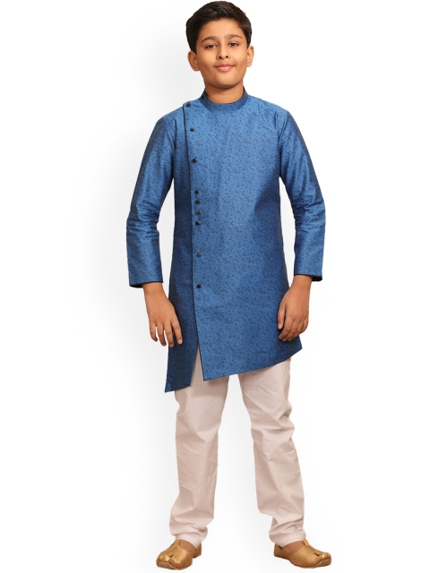 

Manyavar Boys Blue Floral Printed Angrakha Kurta with Churidar