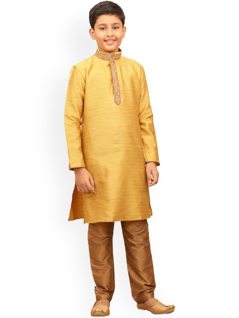 

Manyavar Boys Mustard Yellow Jacquard Kurta with Pyjamas