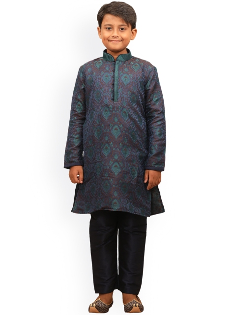 

Manyavar Boys Blue Ethnic Motifs Woven Design Kurta with Churidar