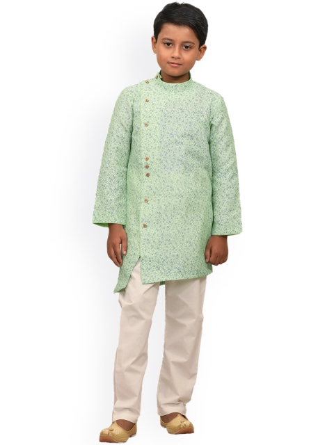 

Manyavar Boys Lime Green Printed Angrakha Kurta with Pyjamas