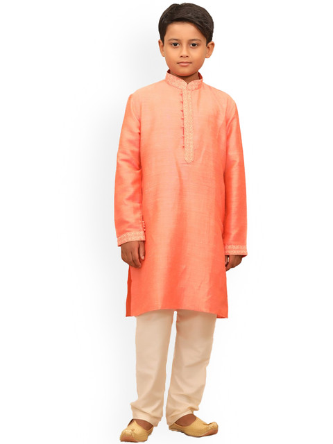 

Manyavar Boys Coral Linen Kurta with Churidar