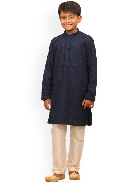 

Manyavar Boys Blue Floral Embroidered Chikankari Kurta with Pyjamas