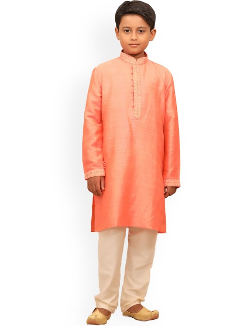 

Manyavar Boys Coral Linen Kurta with Churidar