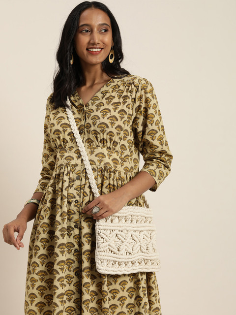 

Taavi Women Beige & Green Bagru Hand Block Print Sustainable A-Line Dress