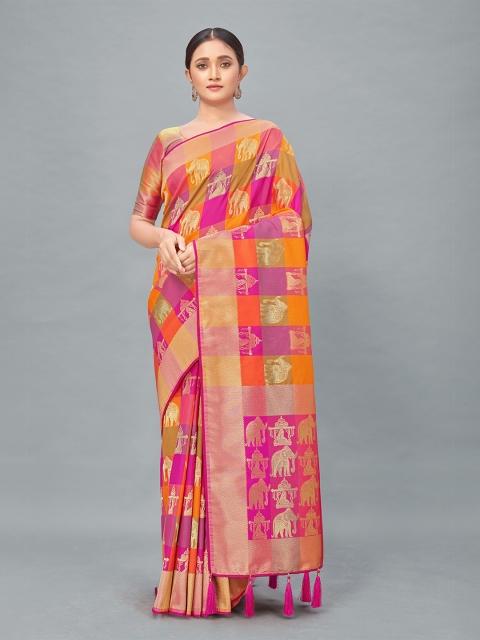 

MONJOLIKA FASHION Pink & Orange Woven Design Zari Silk Blend Banarasi Saree