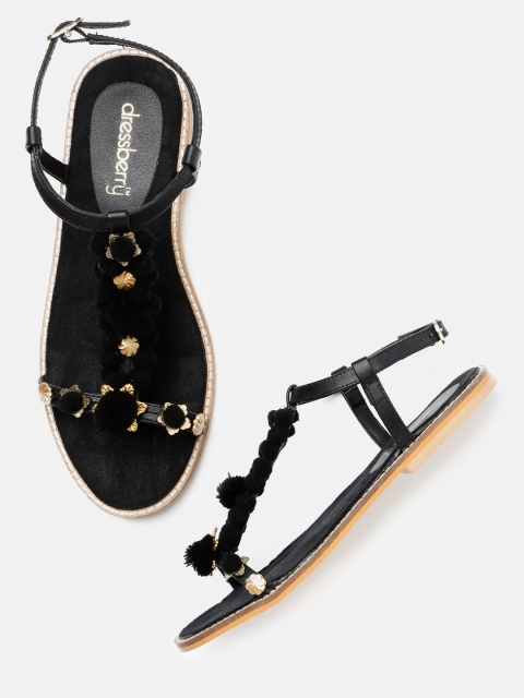 

DressBerry Women Black Flats with Pom-Poms