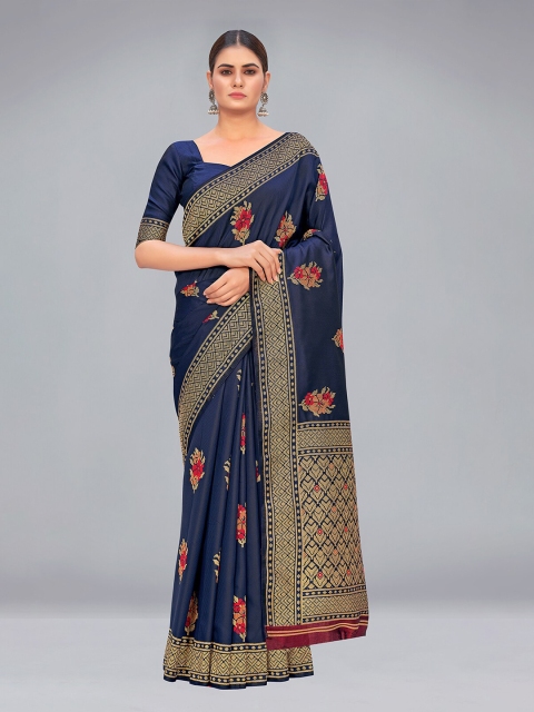 

MONJOLIKA FASHION Navy Blue & Gold-Toned Floral Silk Blend Banarasi Saree