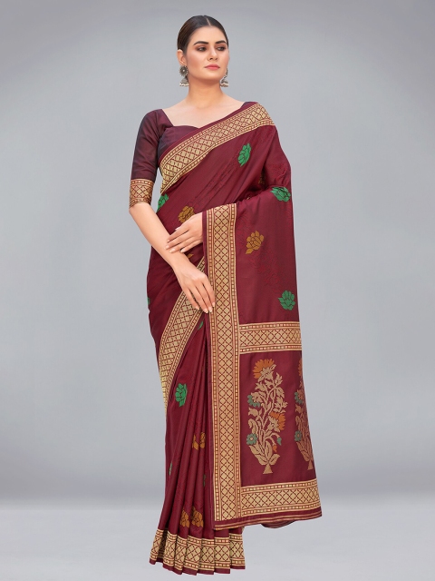 

MONJOLIKA FASHION Burgundy & Green Woven Design Zari Silk Blend Banarasi Saree