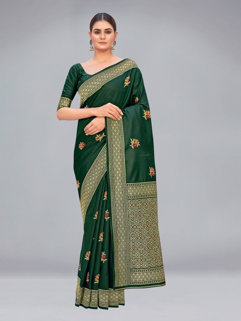 

MONJOLIKA FASHION Green & Red Floral Zari Silk Blend Banarasi Saree