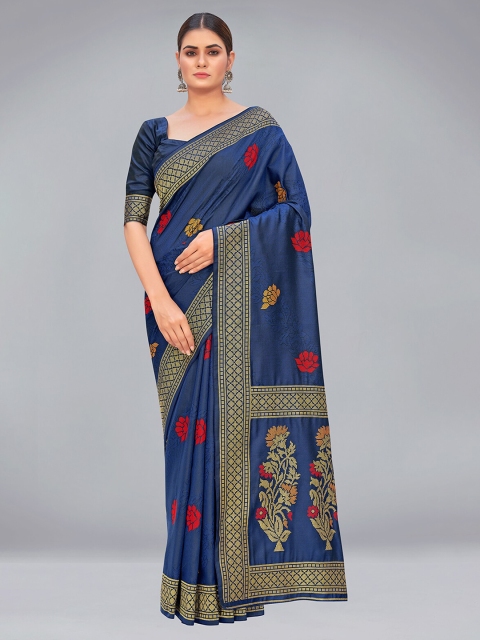 

MONJOLIKA FASHION Blue & Red Woven Design Silk Blend Banarasi Saree