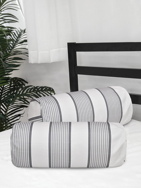 

Clasiko Set Of 2 White & Grey Striped Cotton 220 TC Bolster Covers