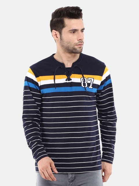 

V-Mart Men Navy Blue Striped V-Neck Applique T-shirt