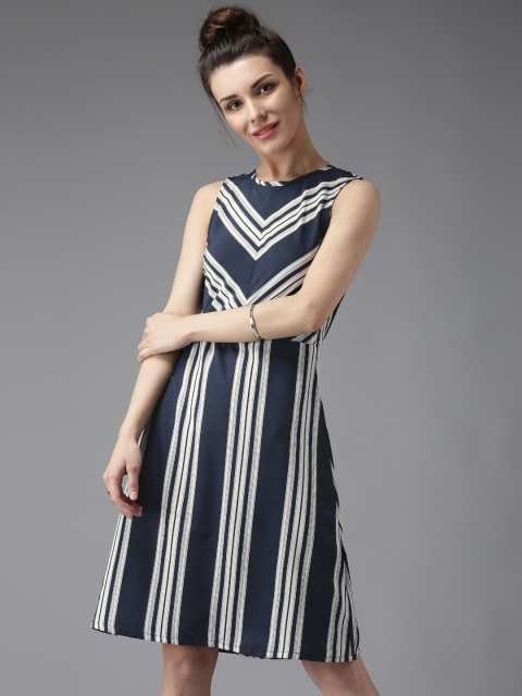 

Moda Rapido Women Navy & Off-White Striped Fit & Flare Dress, Navy blue