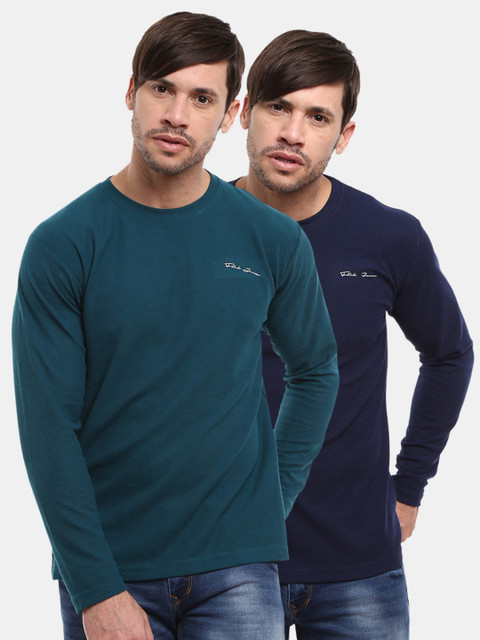 

V-Mart Men Set Of 2 Teal Blue & Navy Blue Solid Cotton T-shirt