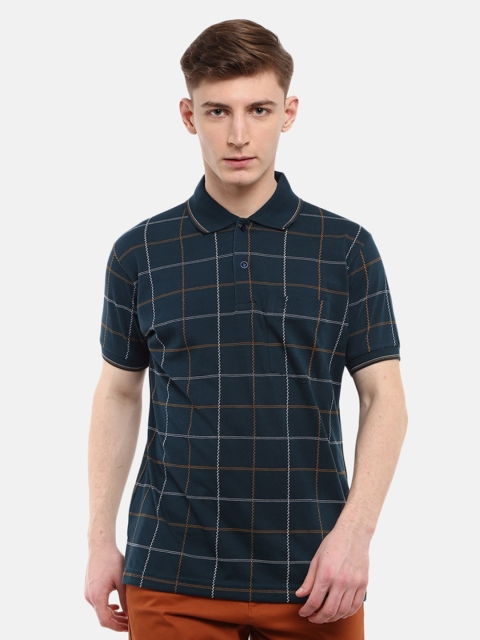 

V-Mart Men Teal Checked Polo Collar Monochrome T-shirt