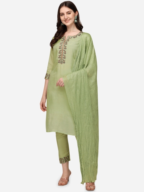 

Pure 9 Women Green Thread Work Kurta with Trousers & With Dupatta