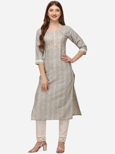 

POONAM DESIGNER Women Grey Yoke Design Embroidered Pure Cotton Kurta with Churidar