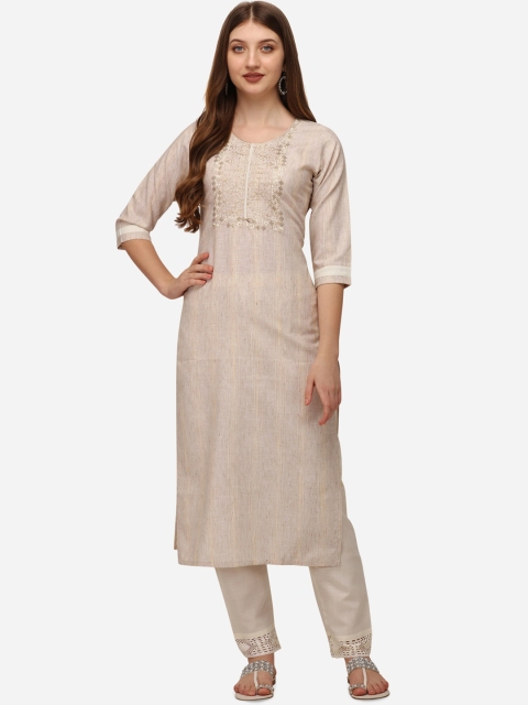 

POONAM DESIGNER Women Beige Embroidered Pure Cotton Kurta with Trousers