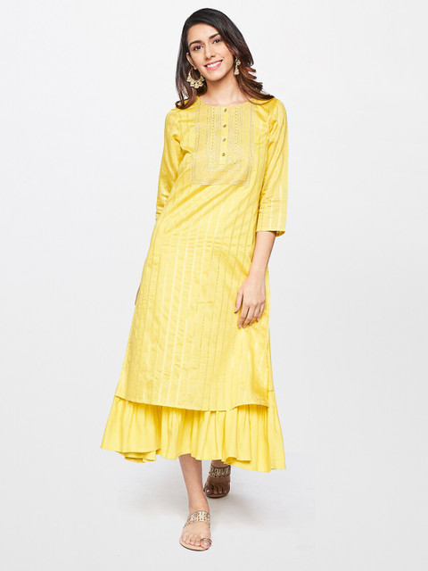 

itse Women Mustard Yellow Yoke Design Thread Work Kurta with Skirt