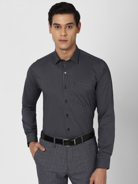 

Van Heusen Men Navy Blue Slim Fit Grid Tattersall Checks Checked Formal Shirt