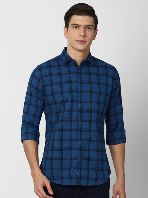 

VAN HEUSEN DENIM LABS Men Blue Slim Fit Tartan Checks Checked Casual Shirt